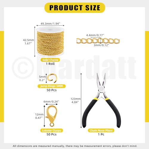 Mardatt 102Pcs Jewelry Making Kit, 10 Yards Necklace Chains with 50Pcs Open Jump Rings, 50Pcs Lobster Clasps, Chain Nose Pliers for DIY Necklace Bracelet Jewelry Making (Gold) - Image 2