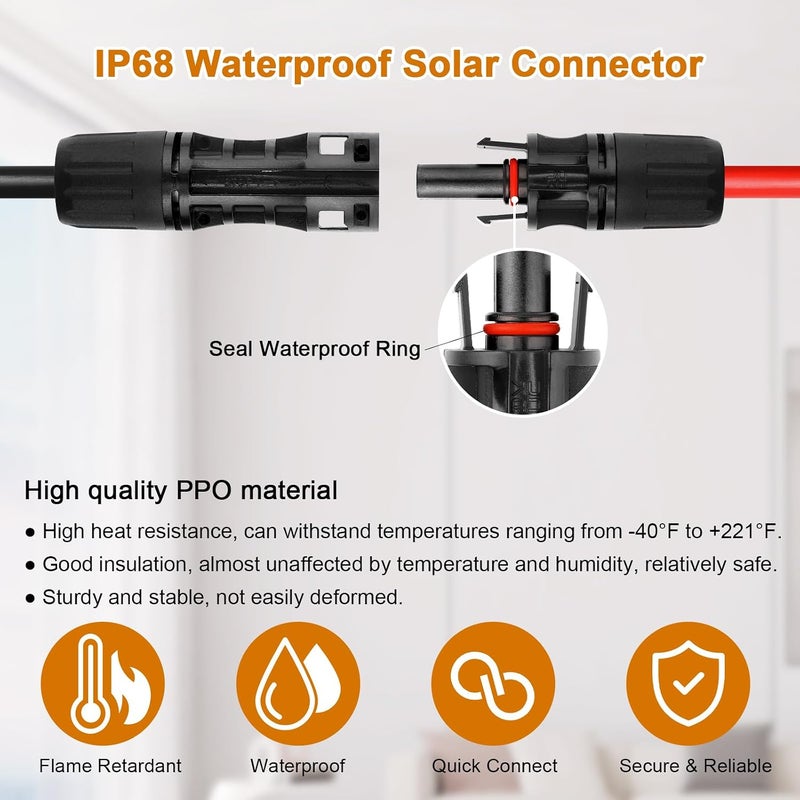 YDDECW Solar Panel Extension Cable - 8AWG 15FT Solar Wire Cord 8 Gauge PV Wire with Female & Male Waterproof Connector for RV, Photovoltaic Systems, Home, Boat, Solar Panels, Car(15ft Red + 15ft Black) - Image 3