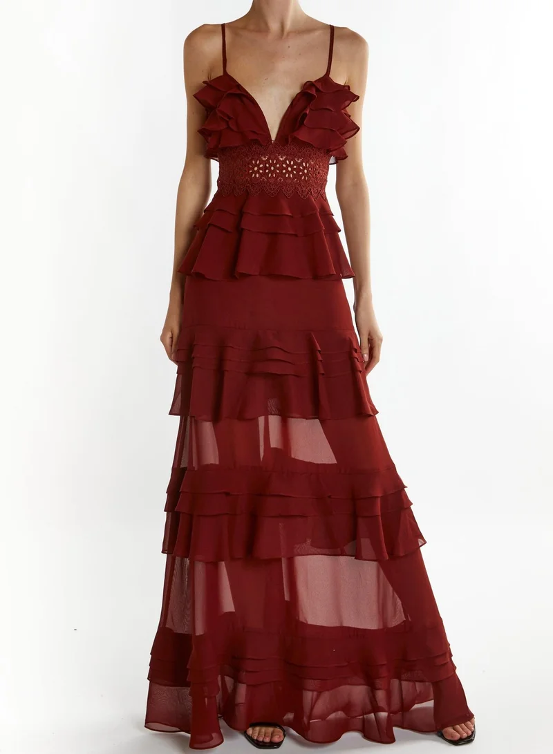 True Decadence Sophia Burgundy Deep Plunge Layered Ruffle Maxi Dress