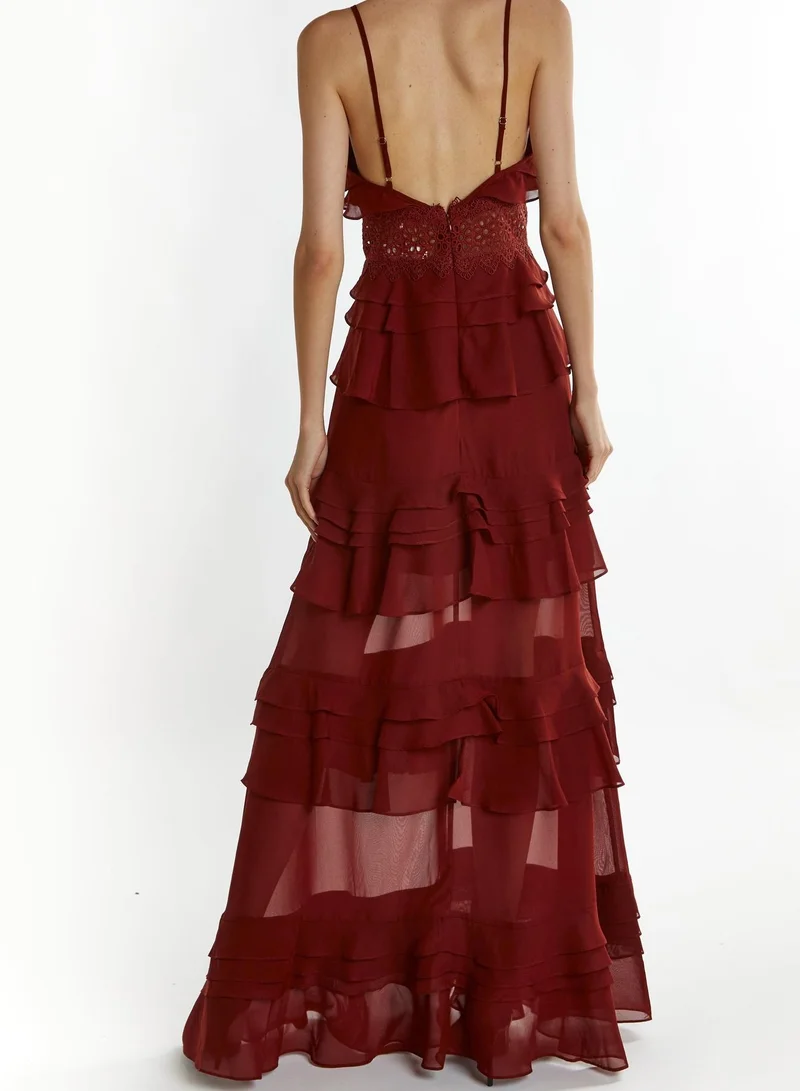 True Decadence Sophia Burgundy Deep Plunge Layered Ruffle Maxi Dress