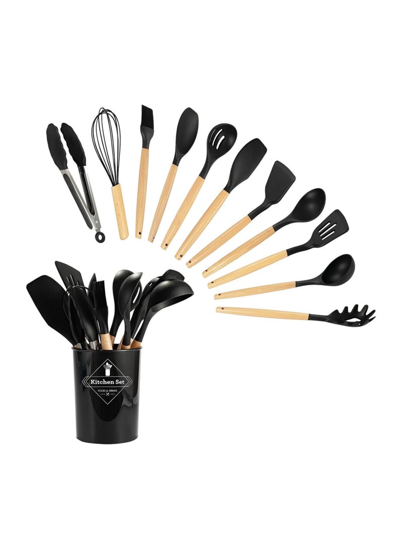 12-Piece Premium Silicone Kitchen Utensil Set with Wooden Handles – Heat-Resistant, Non-Stick Cooking & Baking Tools (Black) - Image 1