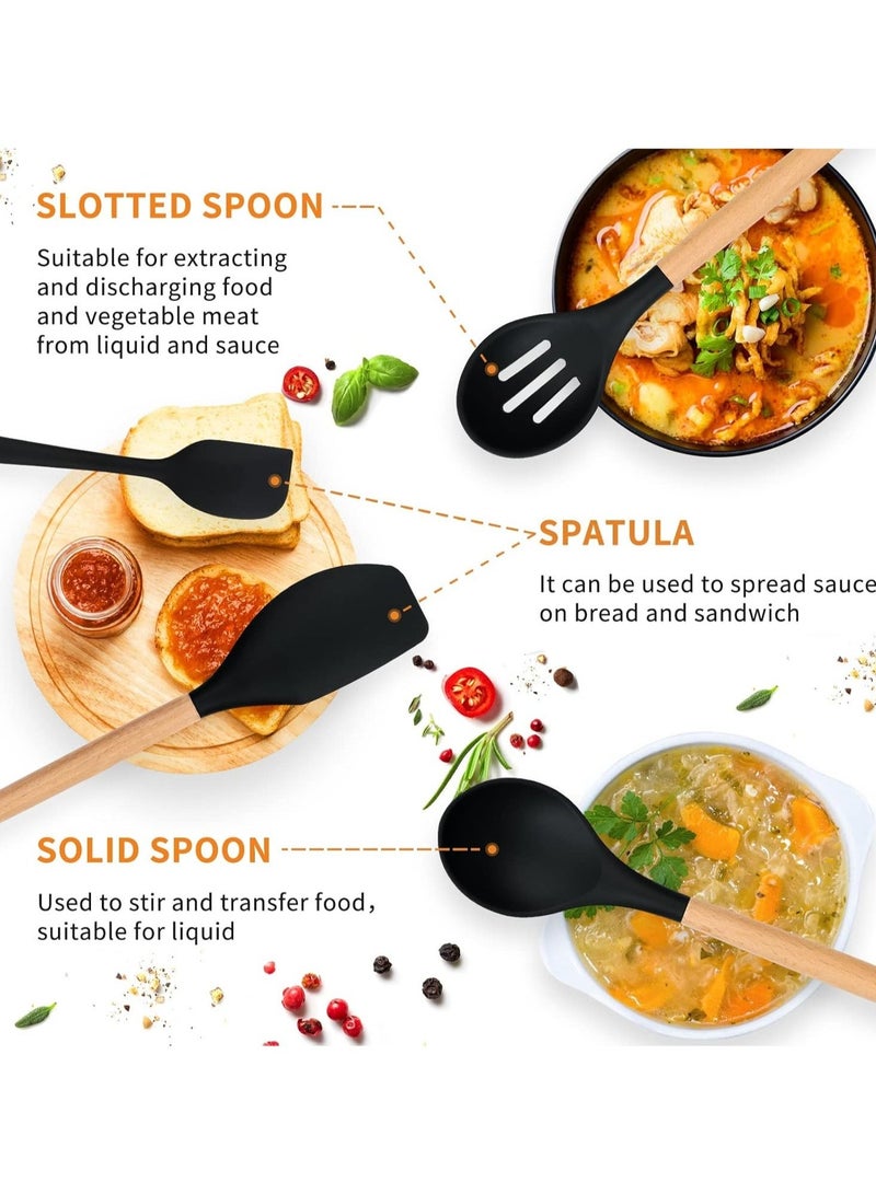 12-Piece Premium Silicone Kitchen Utensil Set with Wooden Handles – Heat-Resistant, Non-Stick Cooking & Baking Tools (Black) - Image 3