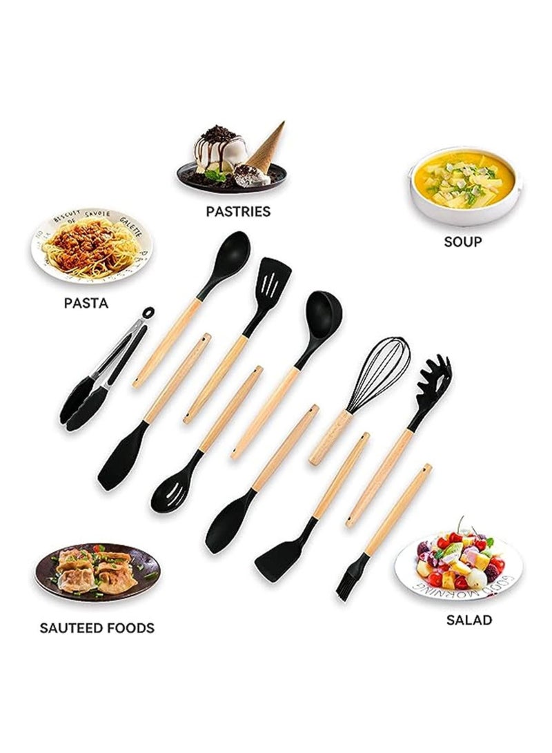 12-Piece Premium Silicone Kitchen Utensil Set with Wooden Handles – Heat-Resistant, Non-Stick Cooking & Baking Tools (Black) - Image 2