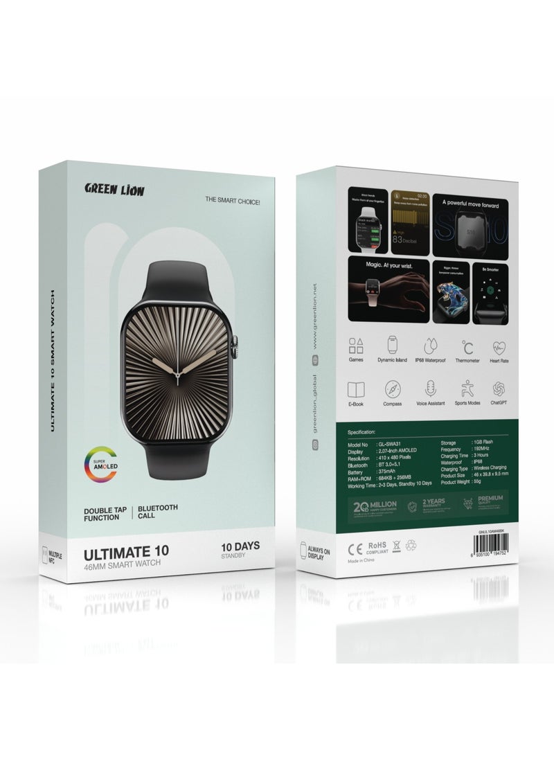 GREEN LION Ultimate 10 Smart Watch 46MM / Voice Assistant / Sports Modes / ChatGPT / Heart Rate / Thermometer / 10 Days Standby / 2-3 Days Working Time / Double Tap Function /Super AMOLED / Bluetooth Call - Black  - Image 2