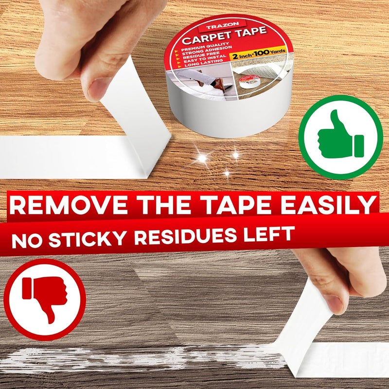 Trazon Carpet Tape Double Sided - Rug Tape Grippers for Hardwood Floors and Area Rugs - Carpet Binding Tape Strong Adhesive and Removable, Heavy Duty Stickers Grip Tape, Residue Free (2 Inch / 100 Yards) - Image 4