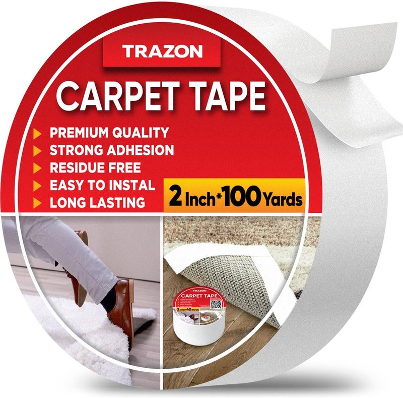 Trazon Carpet Tape Double Sided - Rug Tape Grippers for Hardwood Floors and Area Rugs - Carpet Binding Tape Strong Adhesive and Removable, Heavy Duty Stickers Grip Tape, Residue Free (2 Inch / 100 Yards) - Image 1