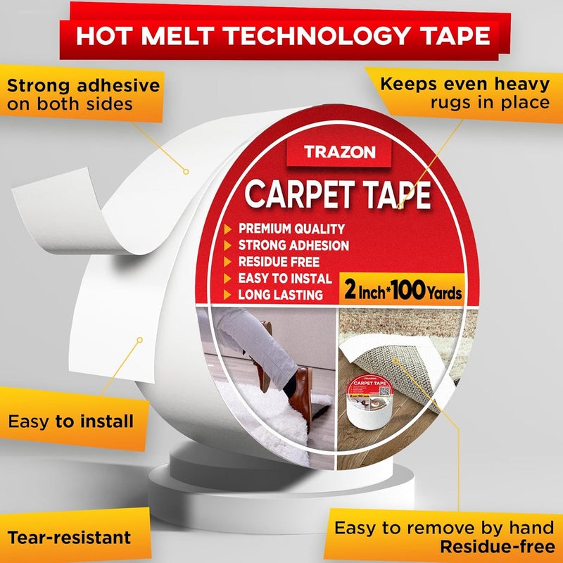 Trazon Carpet Tape Double Sided - Rug Tape Grippers for Hardwood Floors and Area Rugs - Carpet Binding Tape Strong Adhesive and Removable, Heavy Duty Stickers Grip Tape, Residue Free (2 Inch / 100 Yards) - Image 2