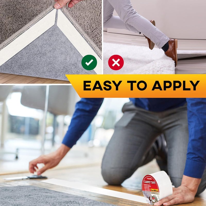 Trazon Carpet Tape Double Sided - Rug Tape Grippers for Hardwood Floors and Area Rugs - Carpet Binding Tape Strong Adhesive and Removable, Heavy Duty Stickers Grip Tape, Residue Free (2 Inch / 100 Yards) - Image 3