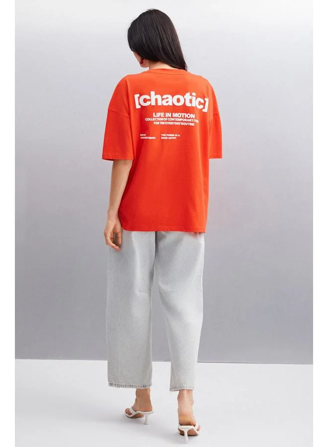 GRIMELANGE ARCADIA Women's Front and Back Text Detailed 100% Organic Cotton Red T-Shirt.