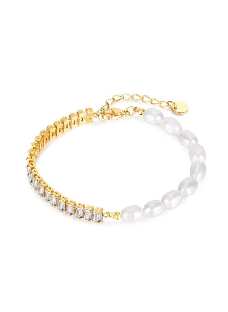 SOLARAE Gold Tiny Pearl Bracelet,14K Gold Baroque Style Pearl Women's Bracelet, With Cubic Zircon Oxide and Titanium Steel Adjustable Clasp, for Women Trendy Jewelry - Image 1