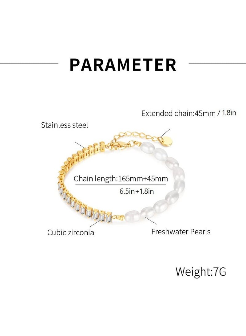 SOLARAE Gold Tiny Pearl Bracelet,14K Gold Baroque Style Pearl Women's Bracelet, With Cubic Zircon Oxide and Titanium Steel Adjustable Clasp, for Women Trendy Jewelry - Image 5