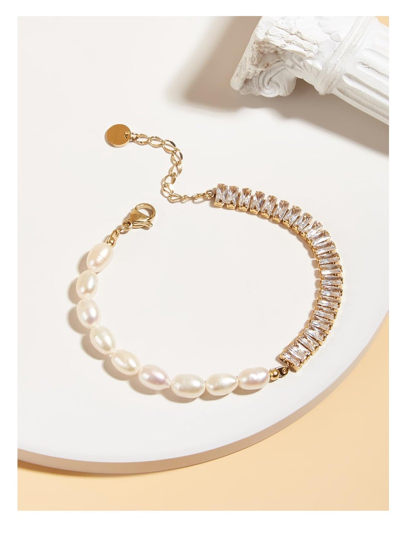 SOLARAE Gold Tiny Pearl Bracelet,14K Gold Baroque Style Pearl Women's Bracelet, With Cubic Zircon Oxide and Titanium Steel Adjustable Clasp, for Women Trendy Jewelry - Image 3