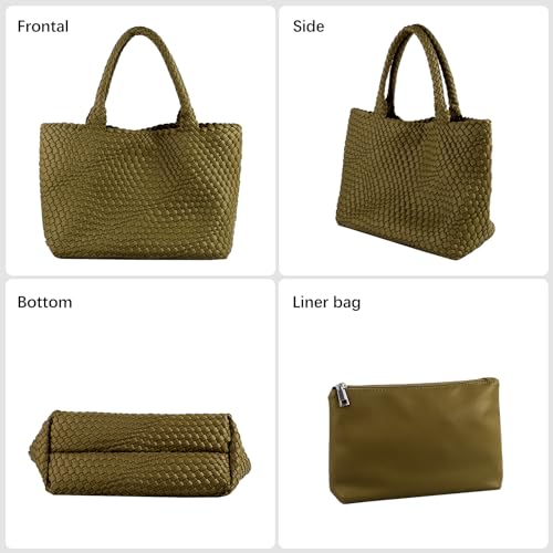 LIKEBAG Woven Tote Bag Womens Purse Vegan Leather Shoulder Handbags Fashion Summer Beach Tote Bags Large Travel Totes (Olive Green) - Image 3