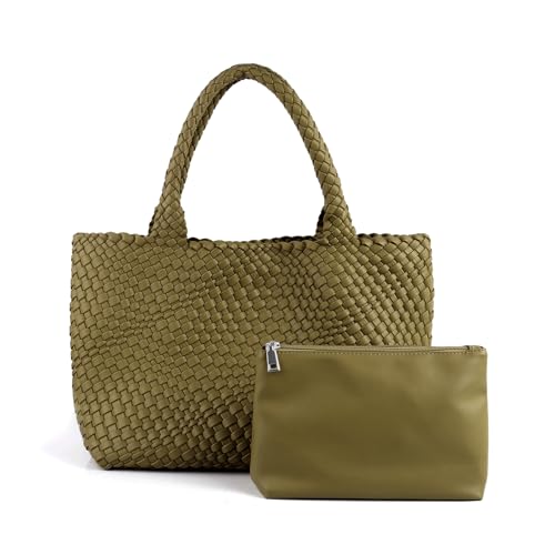 LIKEBAG Woven Tote Bag Womens Purse Vegan Leather Shoulder Handbags Fashion Summer Beach Tote Bags Large Travel Totes (Olive Green) - Image 1