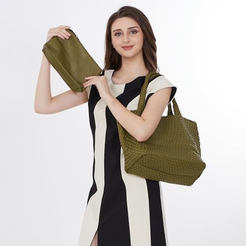 LIKEBAG Woven Tote Bag Womens Purse Vegan Leather Shoulder Handbags Fashion Summer Beach Tote Bags Large Travel Totes (Olive Green) - Image 2