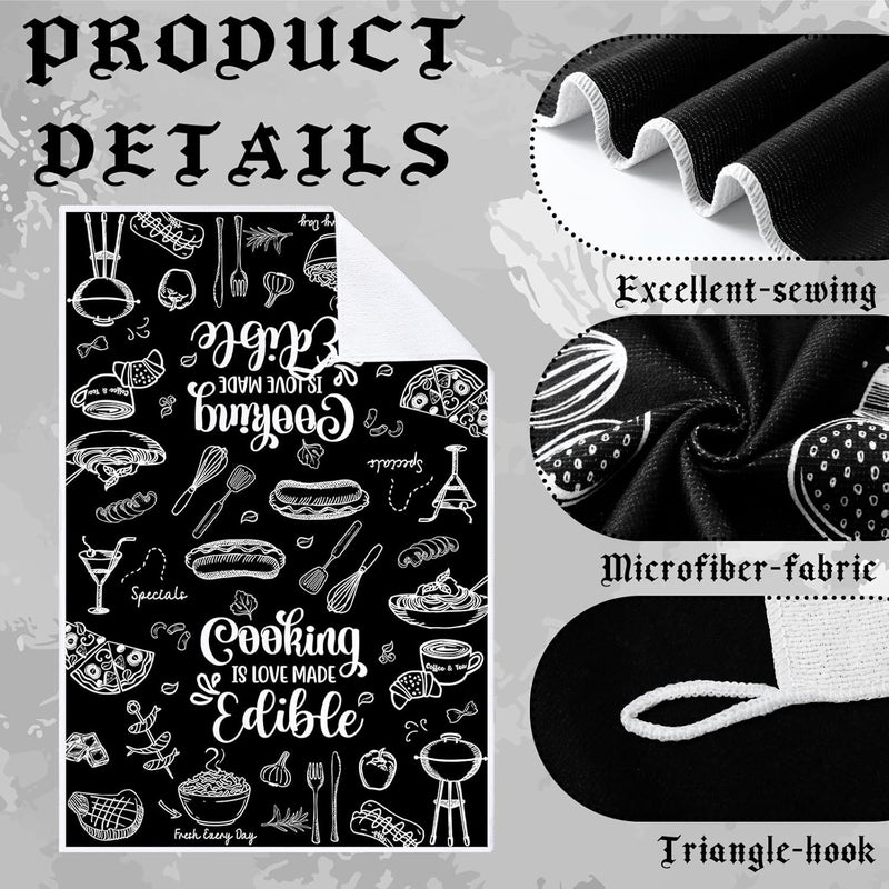 Bencailor 6 Pcs Kitchen Towels Decorative Sets Dish Towels Absorbent Fast Drying Hand Tea Vintage Hanging Reusable Cleaning Dishcloths for Cooking Farmhouse Bathroom Accessory (Black,Cooking) - Image 5