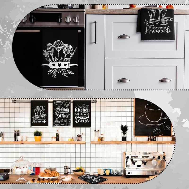 Bencailor 6 Pcs Kitchen Towels Decorative Sets Dish Towels Absorbent Fast Drying Hand Tea Vintage Hanging Reusable Cleaning Dishcloths for Cooking Farmhouse Bathroom Accessory (Black,Cooking) - Image 4