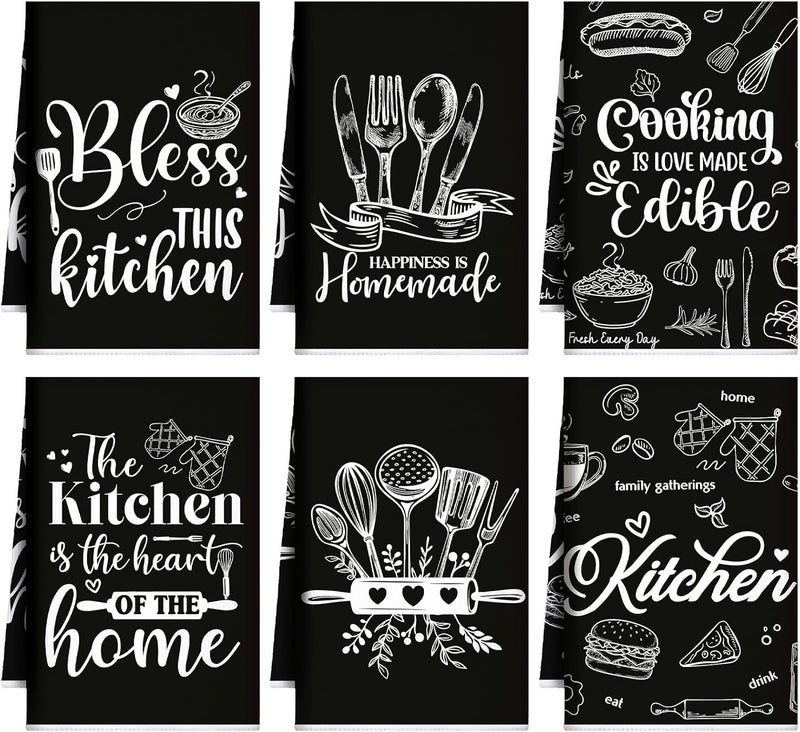 Bencailor 6 Pcs Kitchen Towels Decorative Sets Dish Towels Absorbent Fast Drying Hand Tea Vintage Hanging Reusable Cleaning Dishcloths for Cooking Farmhouse Bathroom Accessory (Black,Cooking) - Image 1