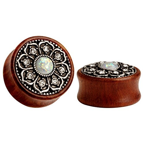 KUBOOZ(1 Pair Vintage Wood Opal Center Flower Ear Plugs Tunnels Gauges Stretcher Piercings (0g(8mm)) - Image 1