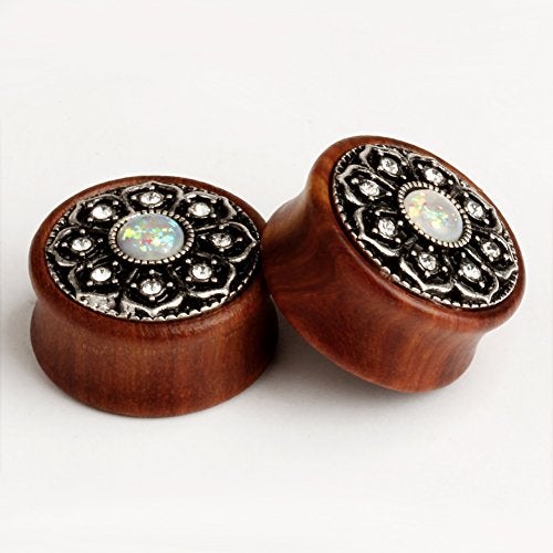 KUBOOZ(1 Pair Vintage Wood Opal Center Flower Ear Plugs Tunnels Gauges Stretcher Piercings (0g(8mm)) - Image 4