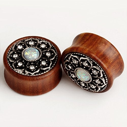 KUBOOZ(1 Pair Vintage Wood Opal Center Flower Ear Plugs Tunnels Gauges Stretcher Piercings (0g(8mm)) - Image 5