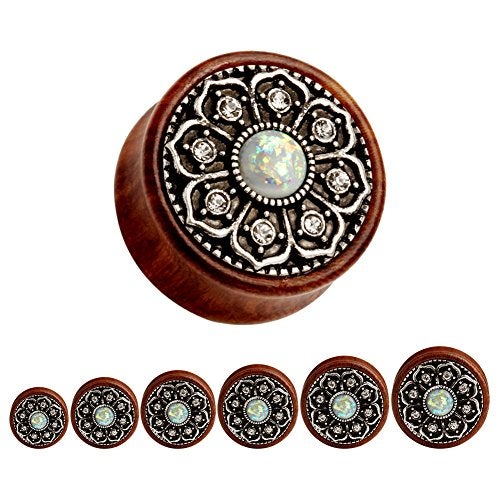 KUBOOZ(1 Pair Vintage Wood Opal Center Flower Ear Plugs Tunnels Gauges Stretcher Piercings (0g(8mm)) - Image 2