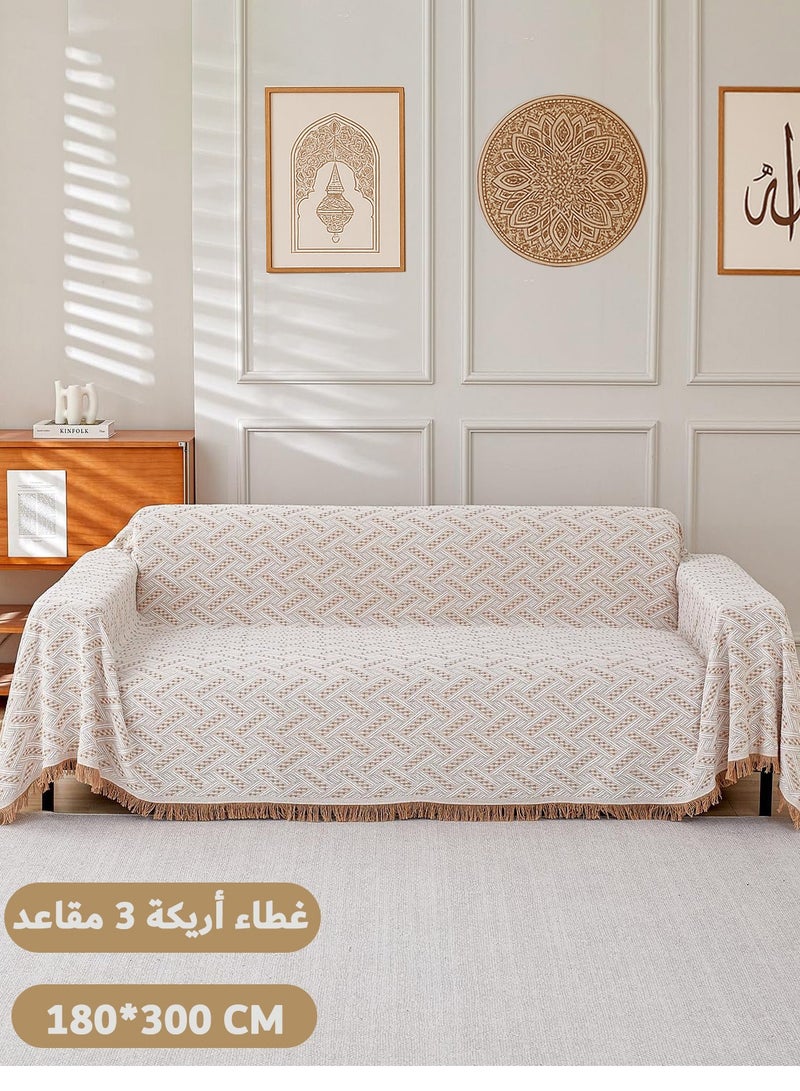 All-Season Sofa Cover 3 Seater 180*300 CM Double-Sided Couch Cover Fringed Reversible Sofa Cover Large Sofa Slipcovers for L Shaped Couch All-Inclusive Sectional Couch Cover Soft Sofa Throws Blanket Versatile Throws as Camping Mat Picnic Blanket, Bed Sheet, Beach Blanket, Geometric Pattern, Khaki White - Image 1