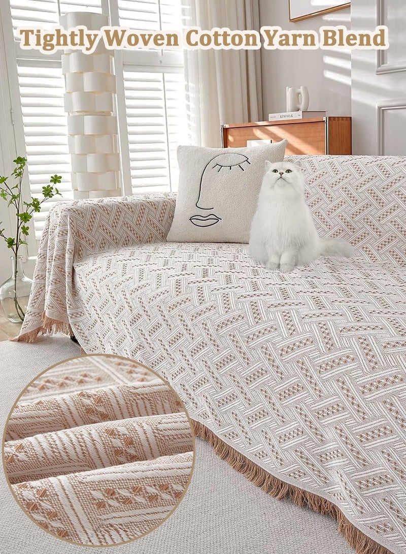 All-Season Sofa Cover 3 Seater 180*300 CM Double-Sided Couch Cover Fringed Reversible Sofa Cover Large Sofa Slipcovers for L Shaped Couch All-Inclusive Sectional Couch Cover Soft Sofa Throws Blanket Versatile Throws as Camping Mat Picnic Blanket, Bed Sheet, Beach Blanket, Geometric Pattern, Khaki White - Image 2
