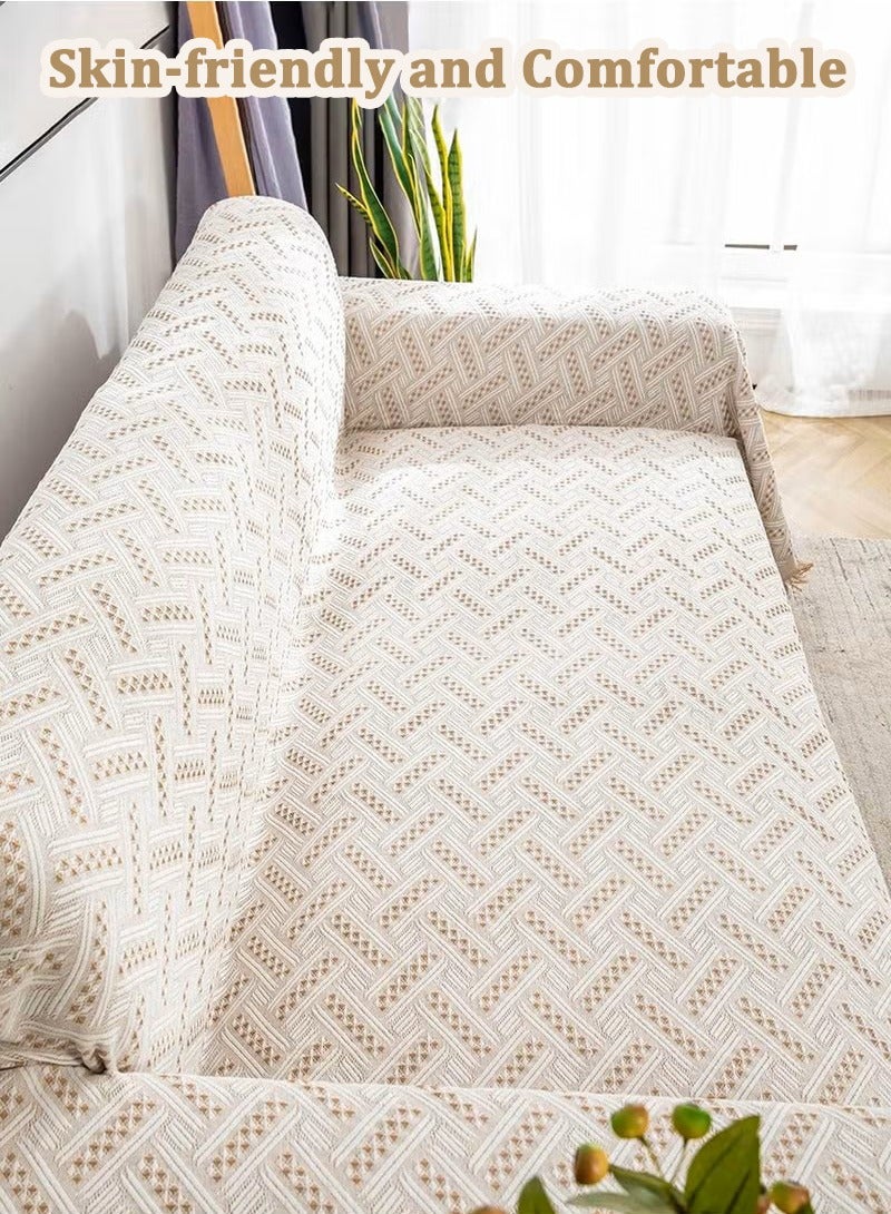 All-Season Sofa Cover 3 Seater 180*300 CM Double-Sided Couch Cover Fringed Reversible Sofa Cover Large Sofa Slipcovers for L Shaped Couch All-Inclusive Sectional Couch Cover Soft Sofa Throws Blanket Versatile Throws as Camping Mat Picnic Blanket, Bed Sheet, Beach Blanket, Geometric Pattern, Khaki White - Image 3
