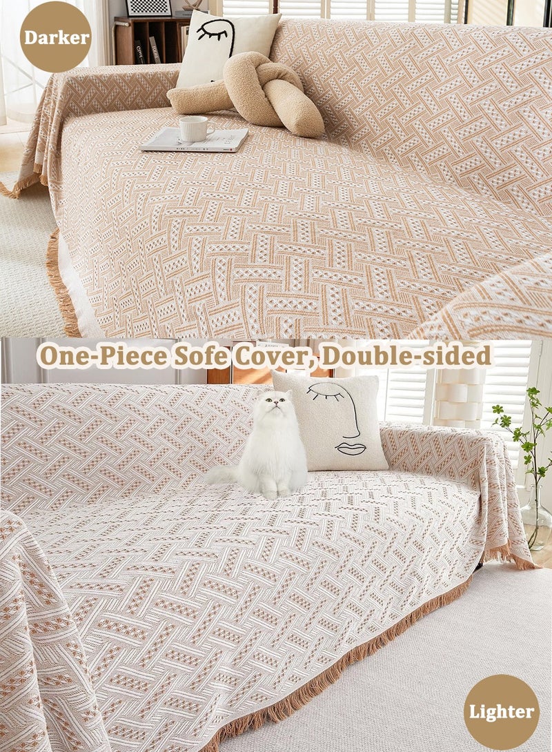 All-Season Sofa Cover 3 Seater 180*300 CM Double-Sided Couch Cover Fringed Reversible Sofa Cover Large Sofa Slipcovers for L Shaped Couch All-Inclusive Sectional Couch Cover Soft Sofa Throws Blanket Versatile Throws as Camping Mat Picnic Blanket, Bed Sheet, Beach Blanket, Geometric Pattern, Khaki White - Image 4