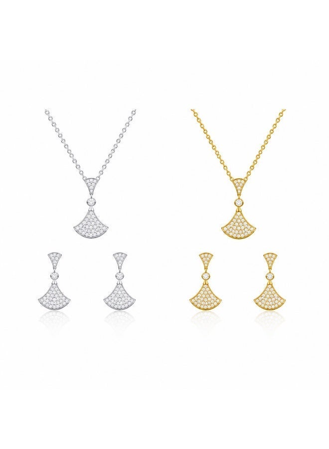 RAFAL Women's Crystal Fan Necklace and Earrings Set with Blue Velvet Rose Box - Gold or Silver - Image 2