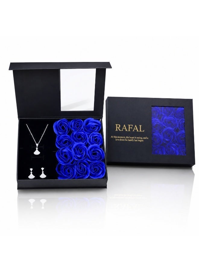 RAFAL Women's Crystal Fan Necklace and Earrings Set with Blue Velvet Rose Box - Gold or Silver - Image 1