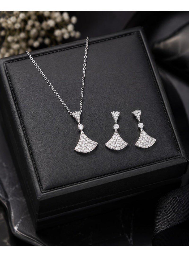 RAFAL Women's Crystal Fan Necklace and Earrings Set with Blue Velvet Rose Box - Gold or Silver - Image 3