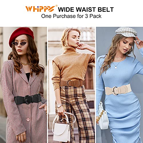 WHIPPY 3 Pack Women Wide Elastic Waist Belt Vintage Stretchy Belt Waistband for Ladies Dresses, Black/Brown/Beige, M - Image 2
