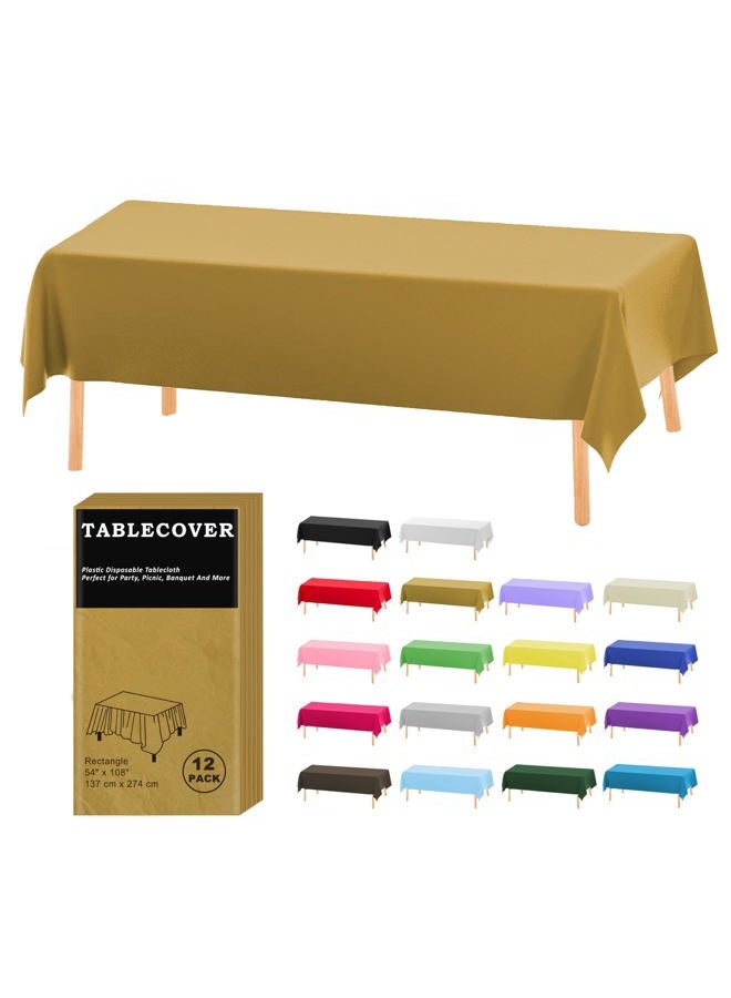 DZ 12 Pack Gold Plastic Tablecloth 54" X 108" Rectangle Heavy Duty Disposable Table Covers for Party Birthday Wedding Thanksgiving Christmas - Image 1