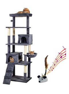 Multi-level cat tree for Indoor cats, Cat playhouse with Padded perch, Scratching posts, and Punching ball, Cat tower with Interactive cat toy, Hammock, Cat condos, and Climbing ladder, (Dark grey)