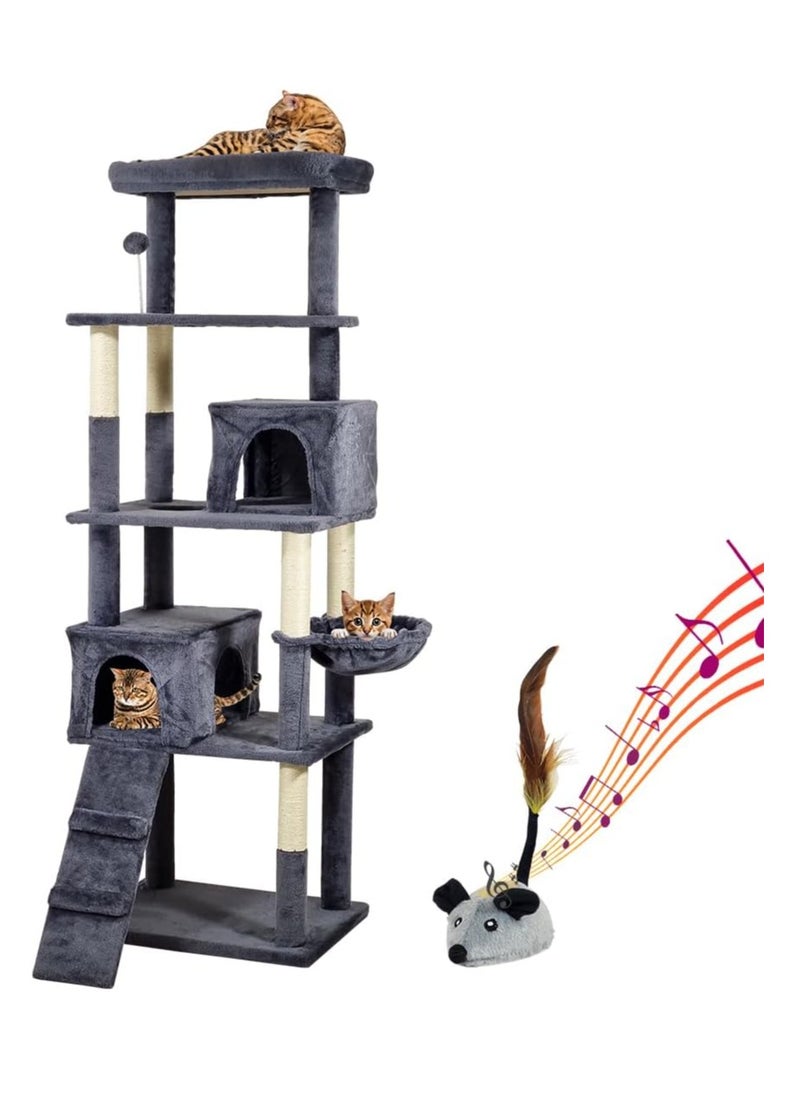 NNC PETS - Multi-level cat tree for Indoor cats, Cat playhouse with Padded perch, Scratching posts, and Punching ball, Cat tower with Interactive cat toy, Hammock, Cat condos, and Climbing ladder, (Dark grey) - Image 1