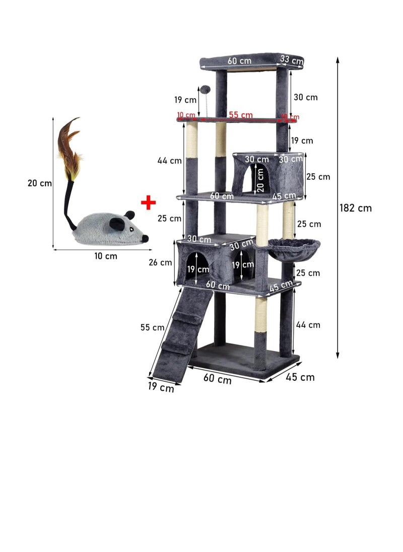 NNC PETS - Multi-level cat tree for Indoor cats, Cat playhouse with Padded perch, Scratching posts, and Punching ball, Cat tower with Interactive cat toy, Hammock, Cat condos, and Climbing ladder, (Dark grey) - Image 1