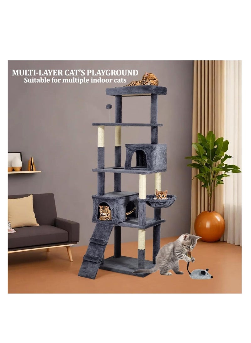NNC PETS - Multi-level cat tree for Indoor cats, Cat playhouse with Padded perch, Scratching posts, and Punching ball, Cat tower with Interactive cat toy, Hammock, Cat condos, and Climbing ladder, (Dark grey) - Image 1