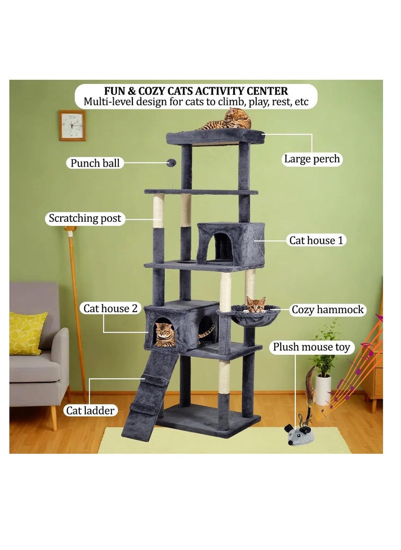 NNC PETS - Multi-level cat tree for Indoor cats, Cat playhouse with Padded perch, Scratching posts, and Punching ball, Cat tower with Interactive cat toy, Hammock, Cat condos, and Climbing ladder, (Dark grey) - Image 1