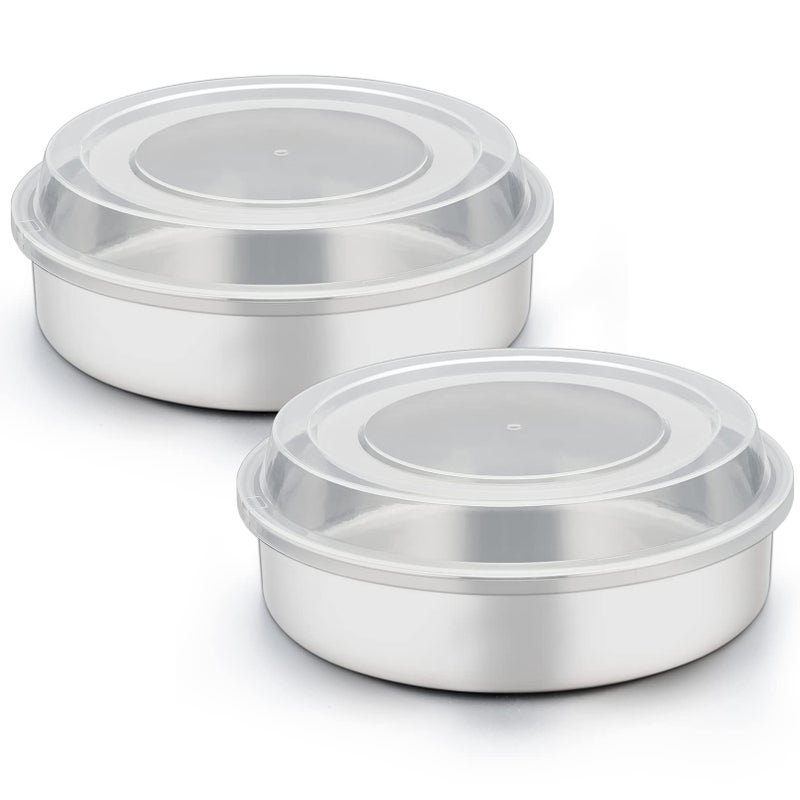 TeamFar 8 Inch Cake Pan Stainless Steel Tiers Round Baking Cake Pans with Lids Healthy  Heavy Duty Dishwasher Safe  Easy Clean Mirror Polish  Smooth Edge Set of 4 2 Pans  2 Lids