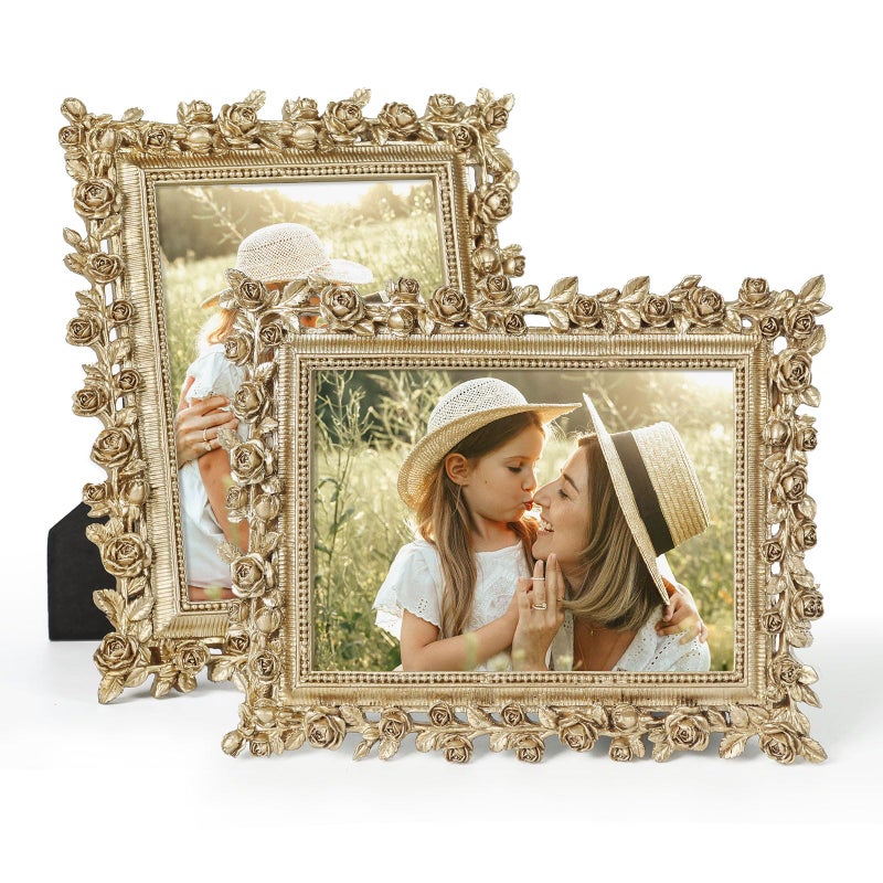 FOLKOR Vintage Gold 4x6 Picture Frame with Stand and Real Glass, 2 Pack Retro Flower Decorative Photo Frame for Family Portraits Wedding Snapshots Drawings, Antique Gallery Wall Bedroom Decor - Image 1