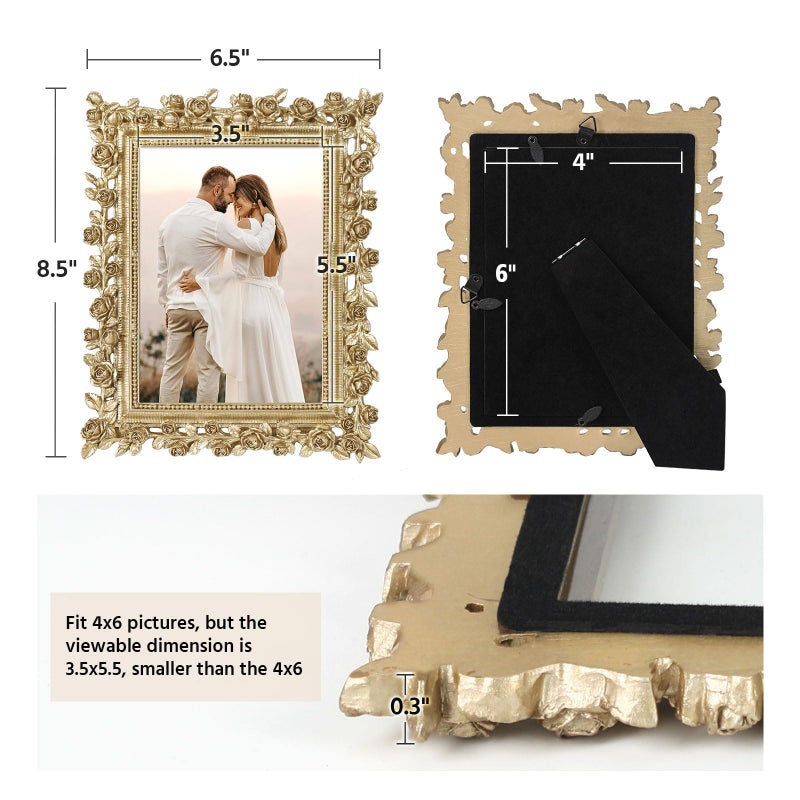 FOLKOR Vintage Gold 4x6 Picture Frame with Stand and Real Glass, 2 Pack Retro Flower Decorative Photo Frame for Family Portraits Wedding Snapshots Drawings, Antique Gallery Wall Bedroom Decor - Image 4