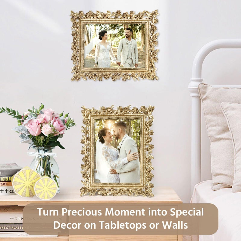 FOLKOR Vintage Gold 4x6 Picture Frame with Stand and Real Glass, 2 Pack Retro Flower Decorative Photo Frame for Family Portraits Wedding Snapshots Drawings, Antique Gallery Wall Bedroom Decor - Image 5