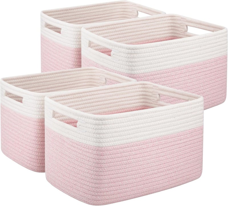 OIAHOMY 4 Pack Storage Baskets for Organizing, Basket for Shelves with Handle, Woven Baskets for Storage Toys, Towels, Books, Cotton Rope Basket 13" L x 9 " W x 7.8 " H, Pink & White - Image 1