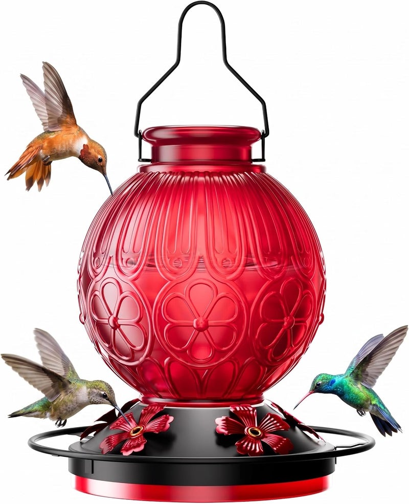 علف الطيور من نوع “Hummingbird” بسعة 26 أونصة للاستخدام في الهواء الطلق، علف طيور من الزجاج العتيق مزود بمكان للجلوس للطيور، متين وسهل التنظيف، علف معلق للرحيق مناسب للحدائق والأراضي الخلفية والتراسات – هدية لعشاق الطيور (لون أحمر) - Image 1