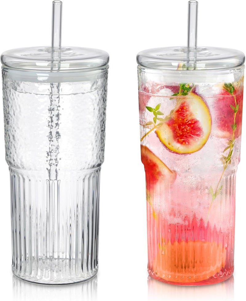 RAGYULA Glass Tumbler Cup with Straw and LidThick Wall Iced Coffee Cup Glass Cup for Water Iced Tea Fruit Juice Drinking Tumbler Travel Mug 570ml Pack of 2 - Image 1