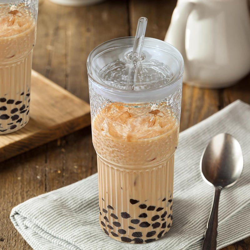 RAGYULA Glass Tumbler Cup with Straw and LidThick Wall Iced Coffee Cup Glass Cup for Water Iced Tea Fruit Juice Drinking Tumbler Travel Mug 570ml Pack of 2 - Image 2