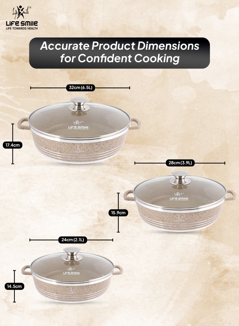 Life Smile Non Stick Cookware Set - Shallow Pots Set with Lid | 24 CM, 28 CM, 32 CM | Non Stick Pans PFOA FREE Granite Coating Frying Pans set | Kitchen Cooking Pots Oven Safe | Double Handles Black  - Image 3