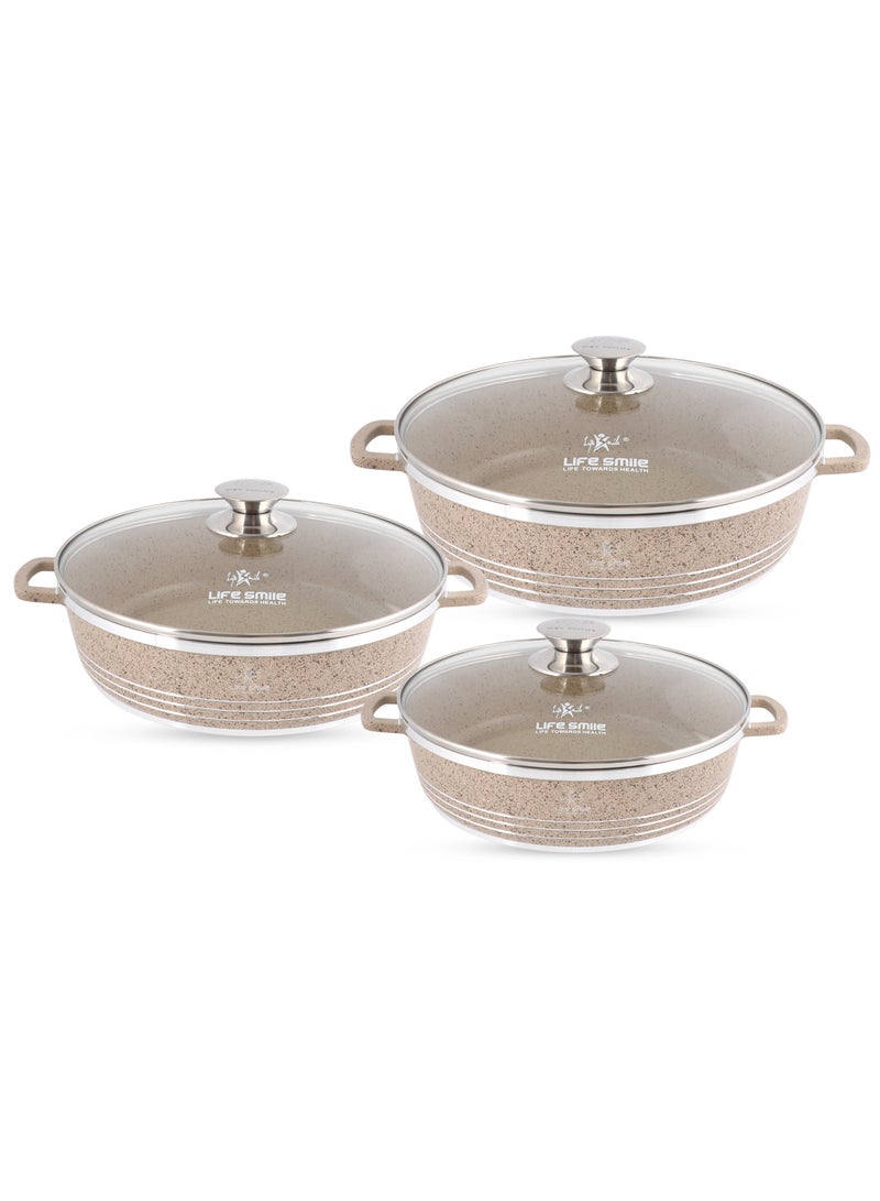 Life Smile Non Stick Cookware Set - Shallow Pots Set with Lid | 24 CM, 28 CM, 32 CM | Non Stick Pans PFOA FREE Granite Coating Frying Pans set | Kitchen Cooking Pots Oven Safe | Double Handles Black  - Image 1